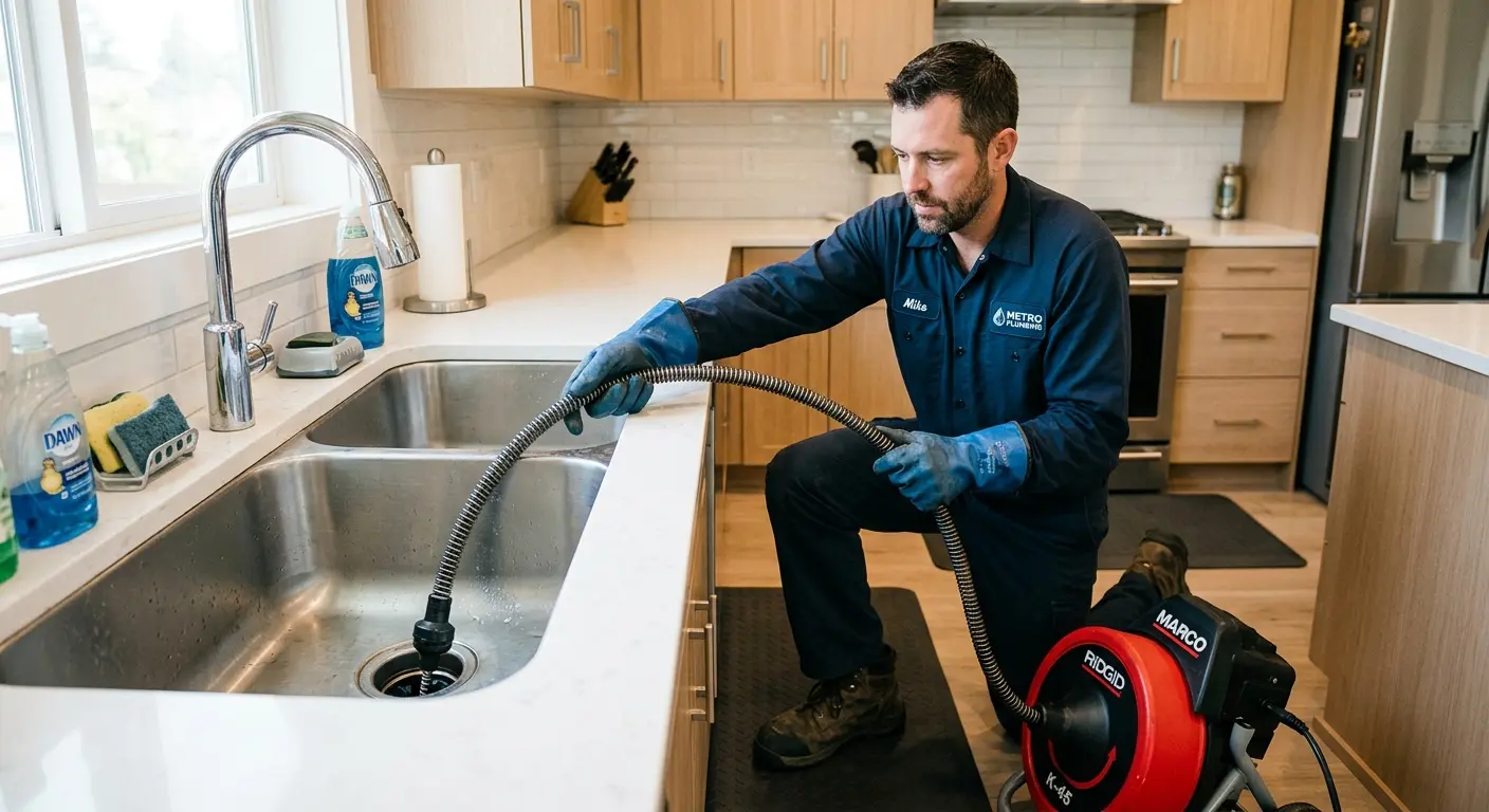 Drain cleaning technician using a motorized snake on a kitchen sink in Heathrow