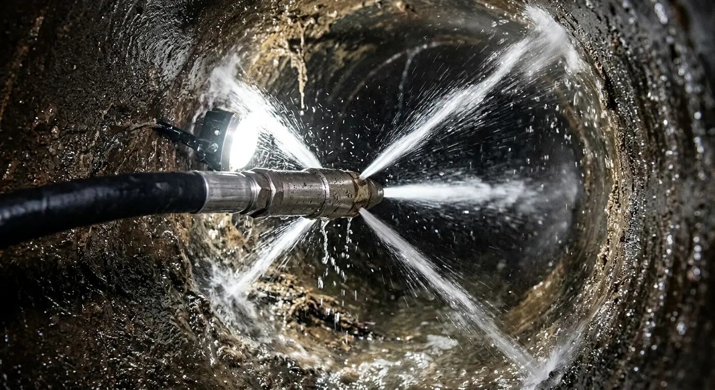 High-pressure hydro jetting nozzle cleaning sewer pipe for Emergency Drain Service in Heathrow