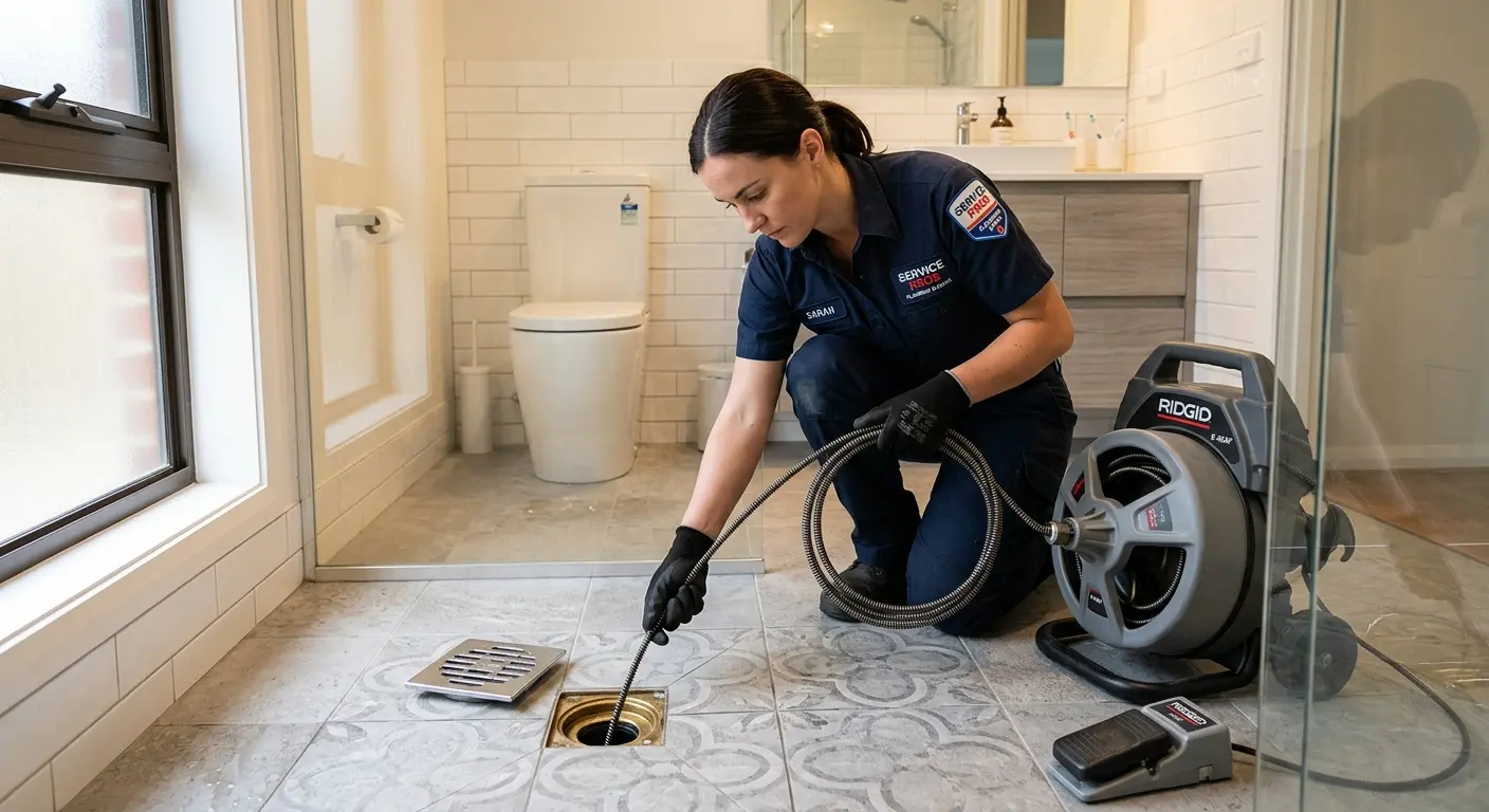 Technician clearing a bathroom floor drain for Hydro Jetting in Heathrow